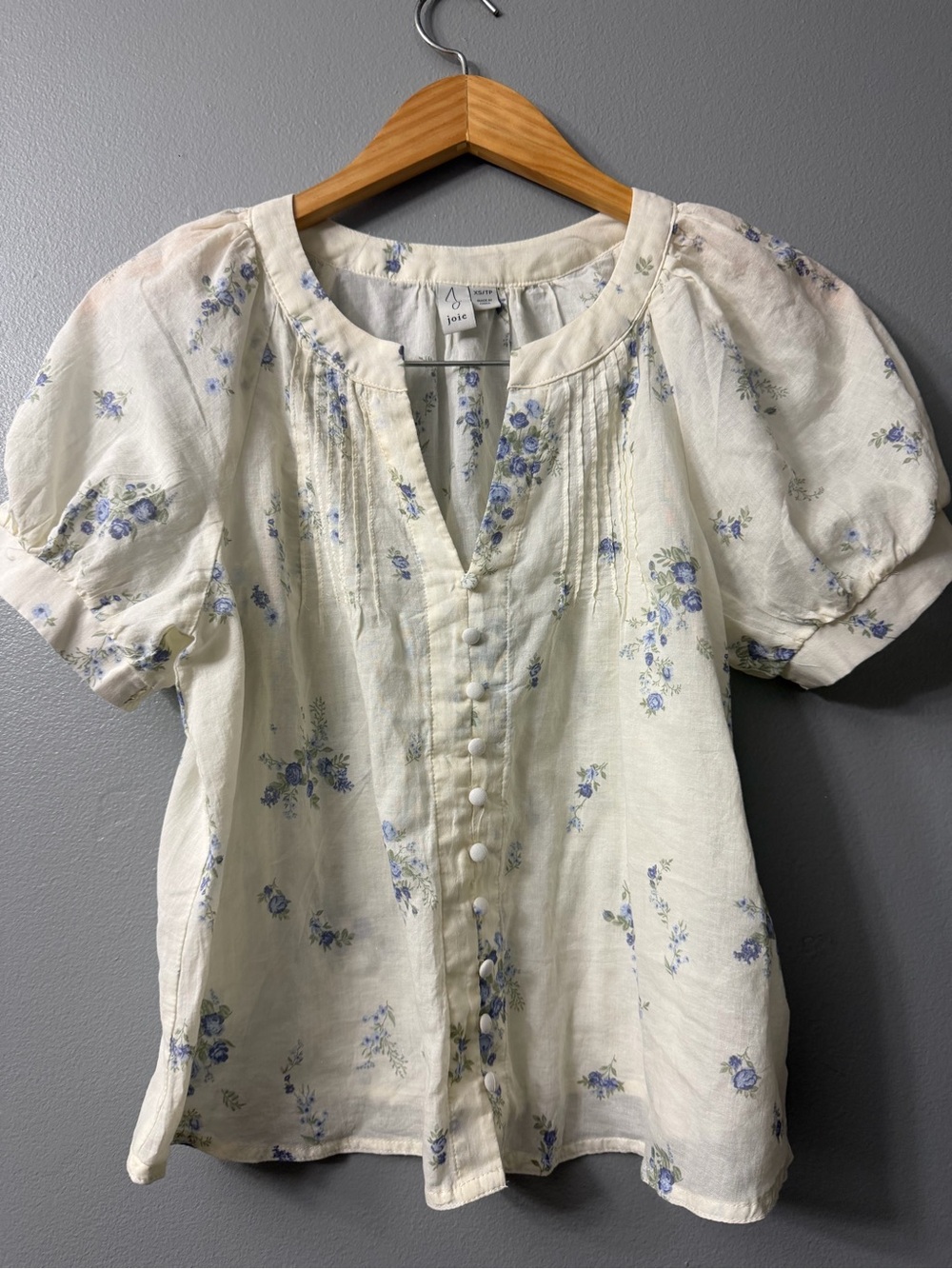 Joie Cream Floral Puff-Sleeve Blouse xs